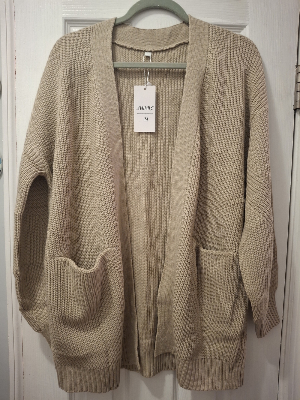 Amazon Beige Open-Front Knit Cardigan